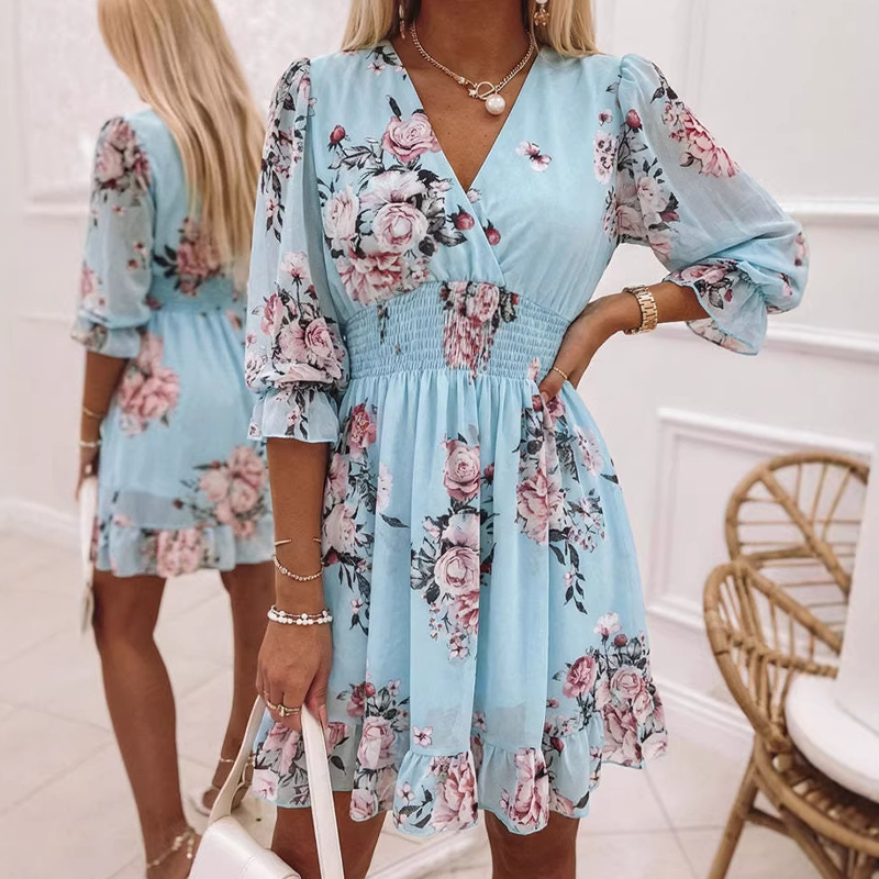 ❤️A-Linien Kleid für Damen – V-Ausschnitt, Blumenmuster, Rüschensaum – luftig & feminin – ideal für Frühling & Sommer🌷👗
