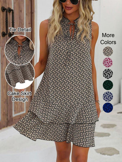 🎉Letzter Tag der Aktion: 50 % Rabatt 💃 Damenkleid mit Schleife und geometrischem Muster