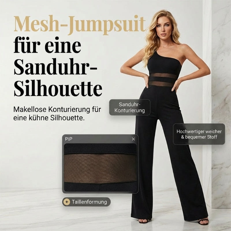 🌞Sommer-Sonderangebot – 60 % Rabatt!!🌿✨🔥One-Shoulder Jumpsuit mit weitem Bein und Netzeinsatz