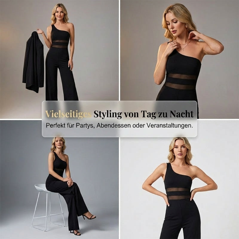 🌞Sommer-Sonderangebot – 60 % Rabatt!!🌿✨🔥One-Shoulder Jumpsuit mit weitem Bein und Netzeinsatz