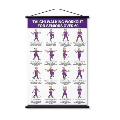 🧓📋 Tai Chi Oefeningen Poster voor Senioren – 16 geïllustreerde oefeningen, staand of zittend, grote letters – eenvoudig te volgen. 💪