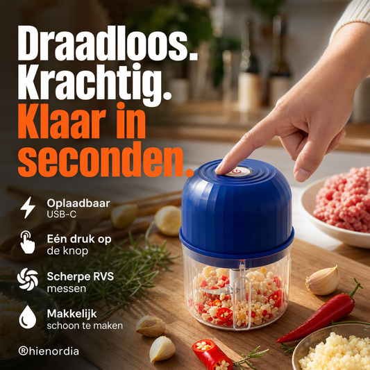 💥【50% OFF】🔥 Draadloze Mini Hakmolen | USB Oplaadbaar & Draagbaar | Eén Knop, Seconden Hakken | Roestvrijstalen Messen, Gelijkmatig | Voor Knoflook/Uien/Gember/Chili/Noten/Vlees | Voor Keuken/Kamp/Camping/BBQ 🔪