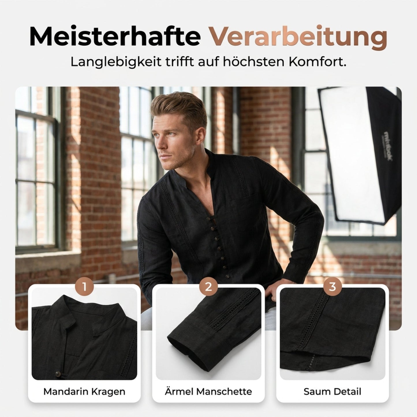 Herren-Freizeithemd mit Stehkragen und langen Ärmeln