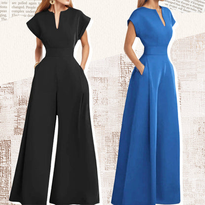 Damen-Jumpsuit mit V-Ausschnitt, kurzen Ärmeln und weitem Bein