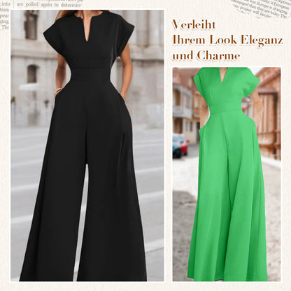 Damen-Jumpsuit mit V-Ausschnitt, kurzen Ärmeln und weitem Bein