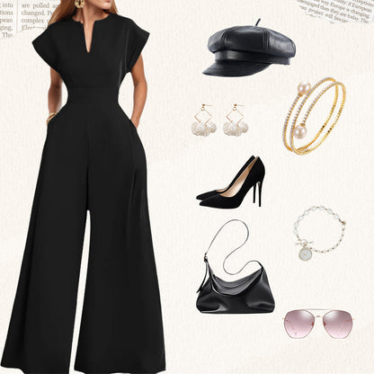 Damen-Jumpsuit mit V-Ausschnitt, kurzen Ärmeln und weitem Bein