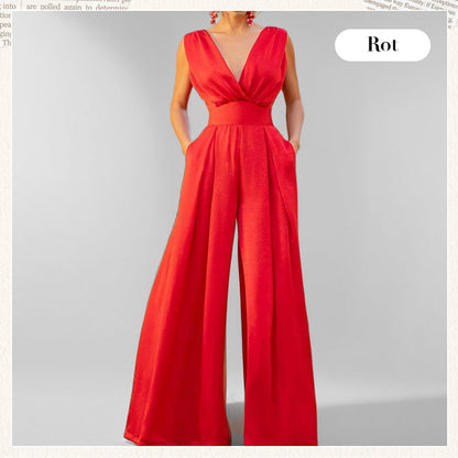 Damen-Jumpsuit mit V-Ausschnitt, kurzen Ärmeln und weitem Bein