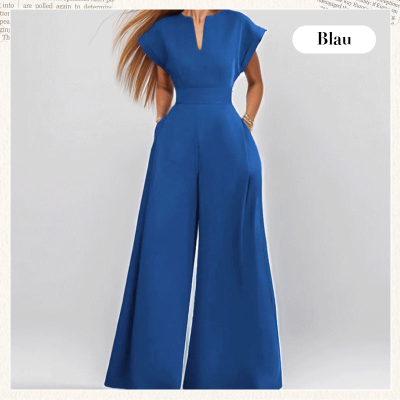 Damen-Jumpsuit mit V-Ausschnitt, kurzen Ärmeln und weitem Bein