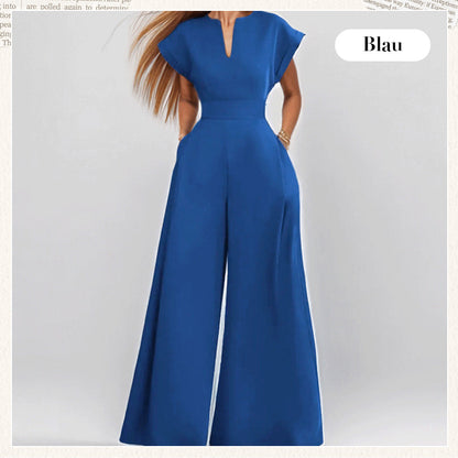Damen-Jumpsuit mit V-Ausschnitt, kurzen Ärmeln und weitem Bein