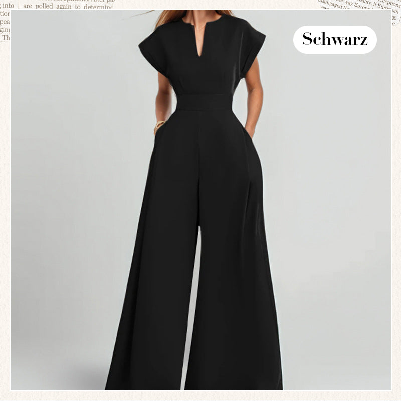Damen-Jumpsuit mit V-Ausschnitt, kurzen Ärmeln und weitem Bein