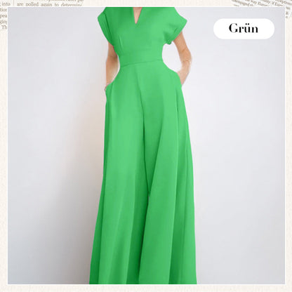 Damen-Jumpsuit mit V-Ausschnitt, kurzen Ärmeln und weitem Bein