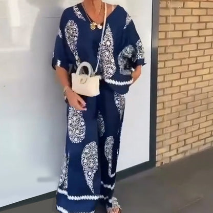 Women's V-Neck Top and Wide-Leg Pants Set