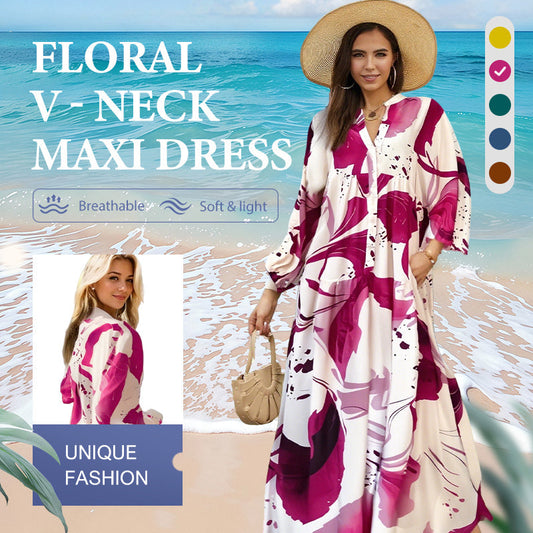 👗🌸 Maxi-Blumenkleid für Damen mit V-Ausschnitt – Fließender Stoff, Romantisches Design & Perfekt für Den Sommer ☀️