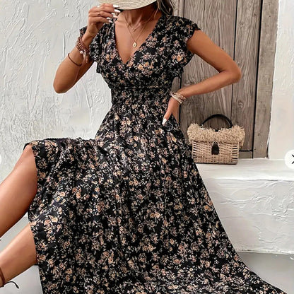 💃Zeitlich begrenztes Angebot 2026 – 50% Rabatt☀️ Fließendes Maxikleid mit V-Ausschnitt und Blumenmuster