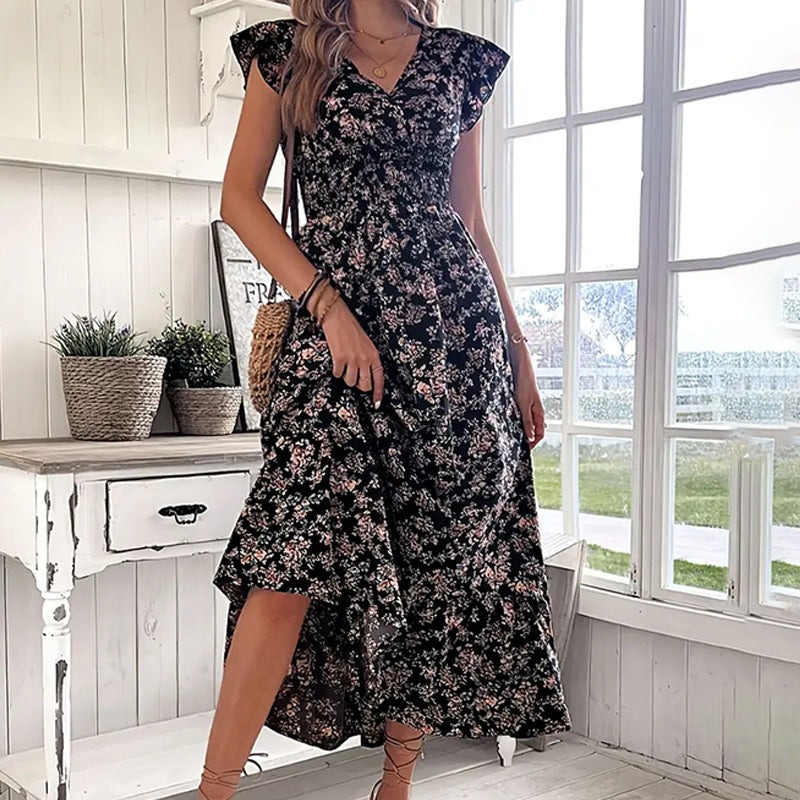 💃Zeitlich begrenztes Angebot 2026 – 50% Rabatt☀️ Fließendes Maxikleid mit V-Ausschnitt und Blumenmuster