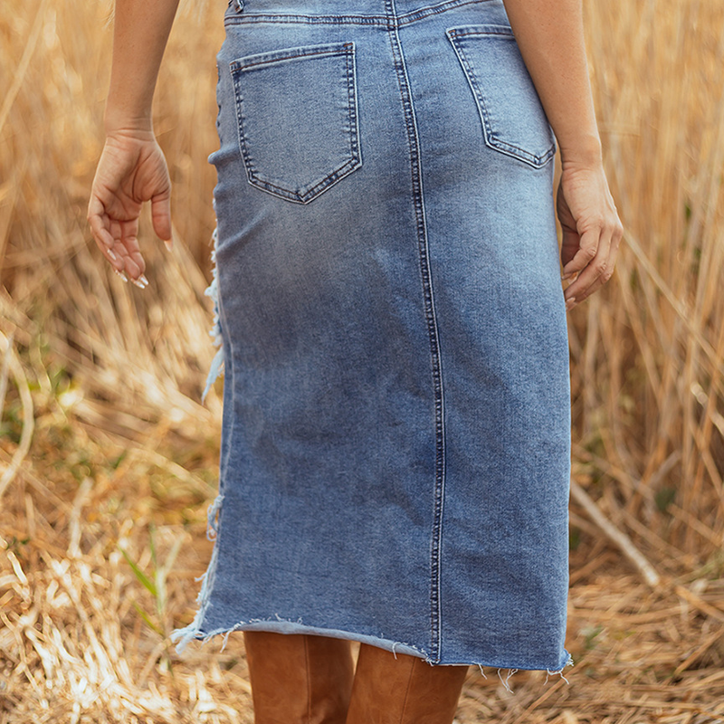 🔥Solange der Vorrat reicht 40% Rabatt!🎉Damen-Hochbund-Ripped-Denim-Midi-Rock
