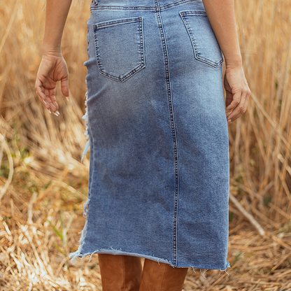 🔥Solange der Vorrat reicht 40% Rabatt!🎉Damen-Hochbund-Ripped-Denim-Midi-Rock