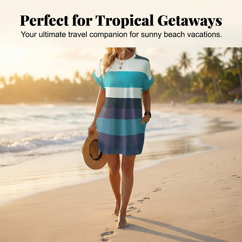 Gestreiftes Freizeit-Midikleid mit lockeren Schnitt & Taschen – bequem, luftig & vielseitig – ideal für den Urlaub & Alltag🌊☀️