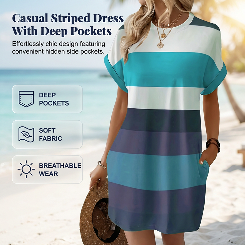 Gestreiftes Freizeit-Midikleid mit lockeren Schnitt & Taschen – bequem, luftig & vielseitig – ideal für den Urlaub & Alltag🌊☀️