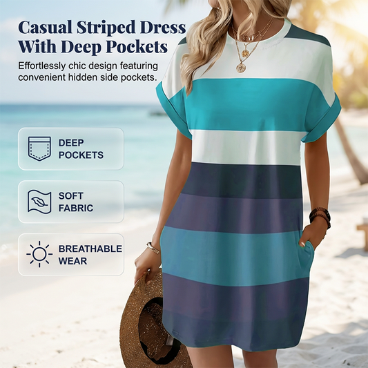 Gestreiftes Freizeit-Midikleid mit lockeren Schnitt & Taschen – bequem, luftig & vielseitig – ideal für den Urlaub & Alltag🌊☀️