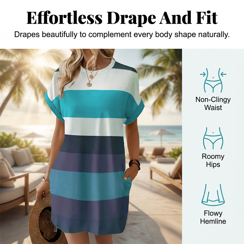 Gestreiftes Freizeit-Midikleid mit lockeren Schnitt & Taschen – bequem, luftig & vielseitig – ideal für den Urlaub & Alltag🌊☀️