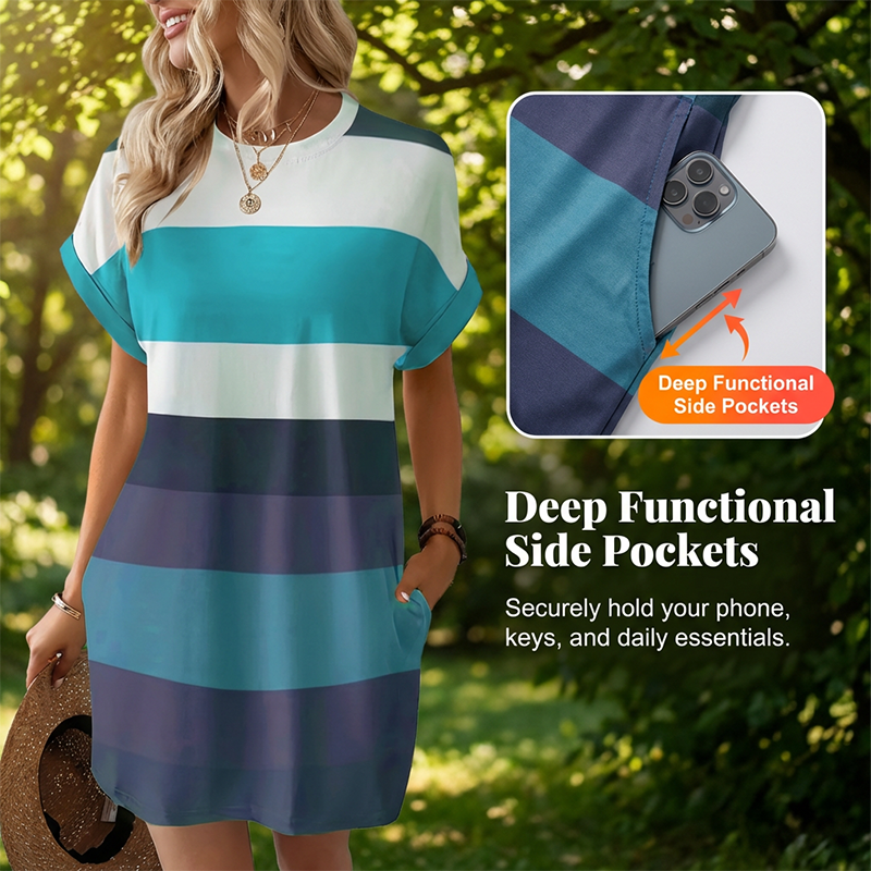 Gestreiftes Freizeit-Midikleid mit lockeren Schnitt & Taschen – bequem, luftig & vielseitig – ideal für den Urlaub & Alltag🌊☀️