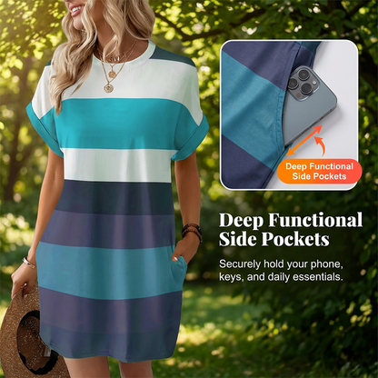 Gestreiftes Freizeit-Midikleid mit lockeren Schnitt & Taschen – bequem, luftig & vielseitig – ideal für den Urlaub & Alltag🌊☀️