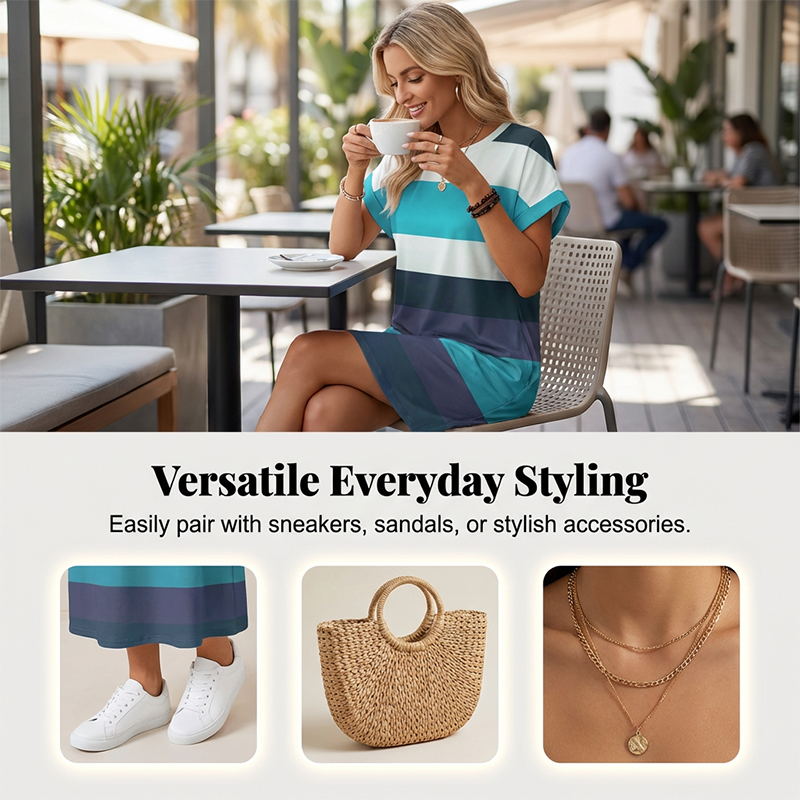 Gestreiftes Freizeit-Midikleid mit lockeren Schnitt & Taschen – bequem, luftig & vielseitig – ideal für den Urlaub & Alltag🌊☀️
