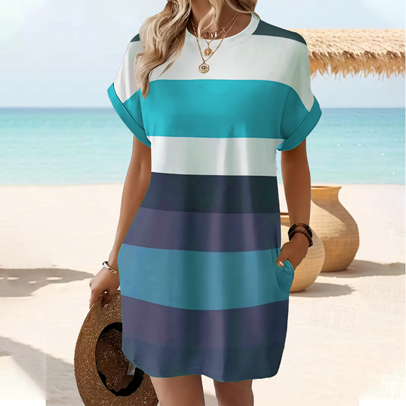 Gestreiftes Freizeit-Midikleid mit lockeren Schnitt & Taschen – bequem, luftig & vielseitig – ideal für den Urlaub & Alltag🌊☀️