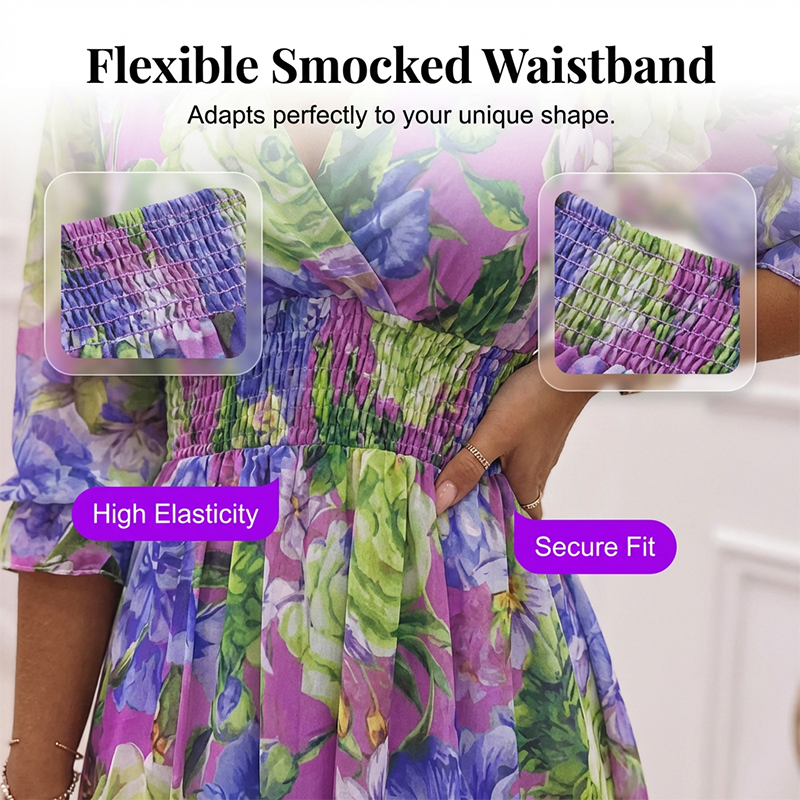 ❤️A-Linien Kleid für Damen – V-Ausschnitt, Blumenmuster, Rüschensaum – luftig & feminin – ideal für Frühling & Sommer🌷👗