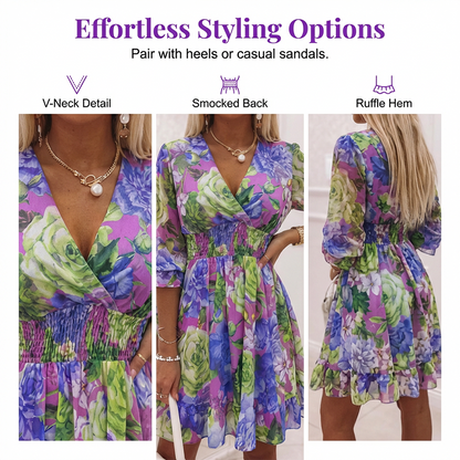 ❤️A-Linien Kleid für Damen – V-Ausschnitt, Blumenmuster, Rüschensaum – luftig & feminin – ideal für Frühling & Sommer🌷👗
