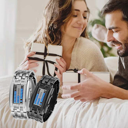 ⌚ 50% RABATT! 💙 Coole Herrenuhr im Binary-Design – Edelstahl, LED-Armband, vakuumbeschichtet & stilvoll mit blauem Licht ✨