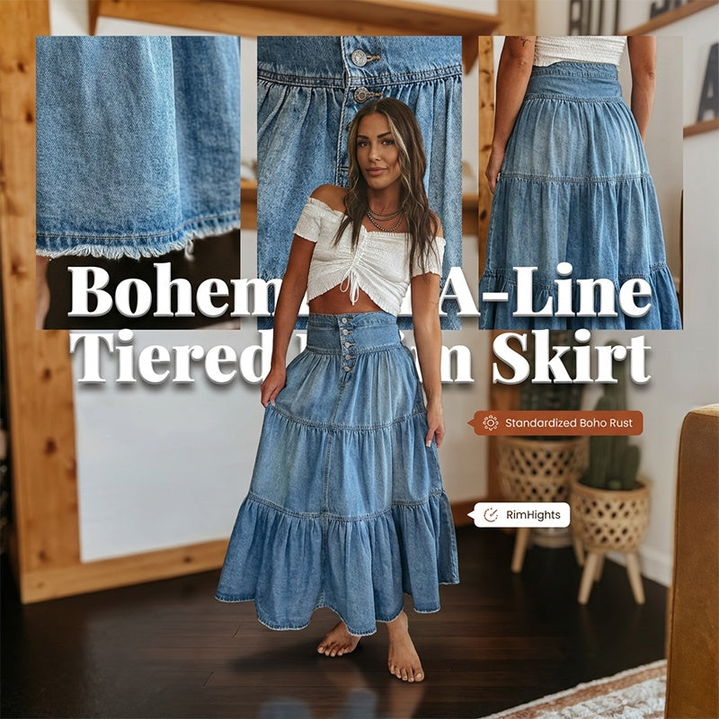 💙 50% RABATT! 👗 Damen Hochbund Stufenrock A-Linie Denim Maxirock – Figurumschmeichelnd, müheloser Chic & perfekt für jeden Tag 🌿