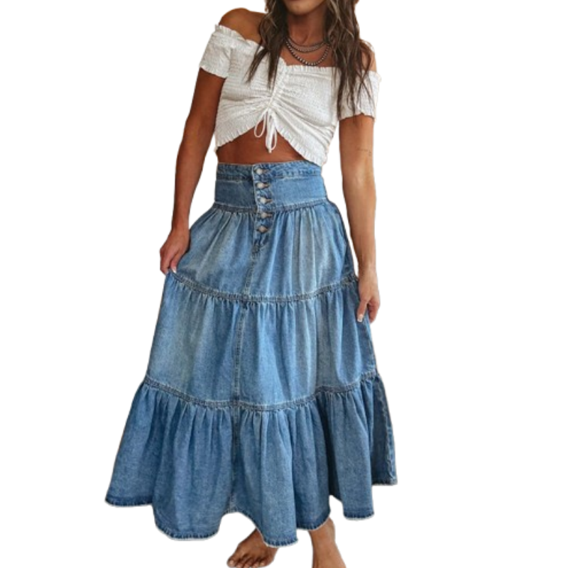 💙 50% RABATT! 👗 Damen Hochbund Stufenrock A-Linie Denim Maxirock – Figurumschmeichelnd, müheloser Chic & perfekt für jeden Tag 🌿