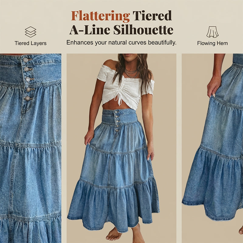 💙 50% RABATT! 👗 Damen Hochbund Stufenrock A-Linie Denim Maxirock – Figurumschmeichelnd, müheloser Chic & perfekt für jeden Tag 🌿