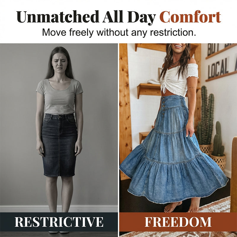 💙 50% RABATT! 👗 Damen Hochbund Stufenrock A-Linie Denim Maxirock – Figurumschmeichelnd, müheloser Chic & perfekt für jeden Tag 🌿