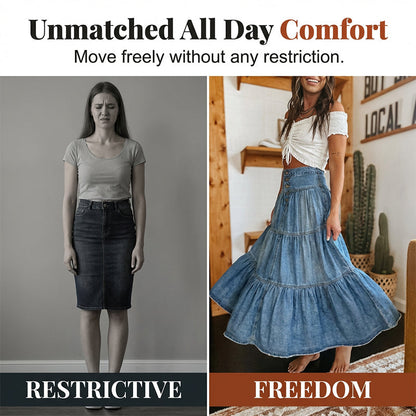 💙 50% RABATT! 👗 Damen Hochbund Stufenrock A-Linie Denim Maxirock – Figurumschmeichelnd, müheloser Chic & perfekt für jeden Tag 🌿