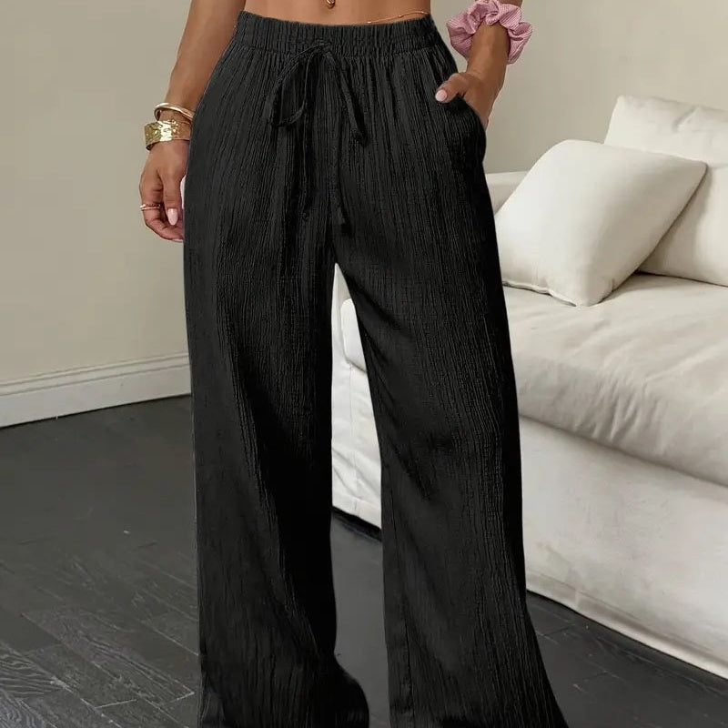 Damen weite Hose mit Knittereffekt – einfarbig, luftig & bequem
