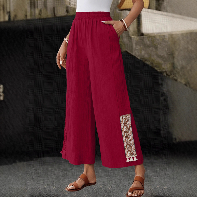 Damen weite Hose mit Gummibund & Fransendetails – bequem, luftig & feminin – ideal für Sommer, Strand & Freizeit👖🌊