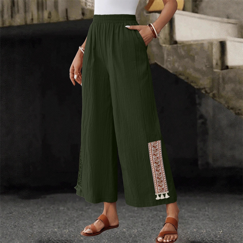 Damen weite Hose mit Gummibund & Fransendetails – bequem, luftig & feminin – ideal für Sommer, Strand & Freizeit👖🌊