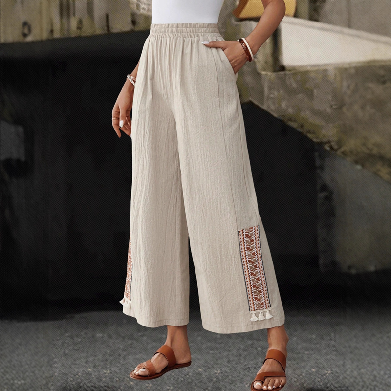 Damen weite Hose mit Gummibund & Fransendetails – bequem, luftig & feminin – ideal für Sommer, Strand & Freizeit👖🌊