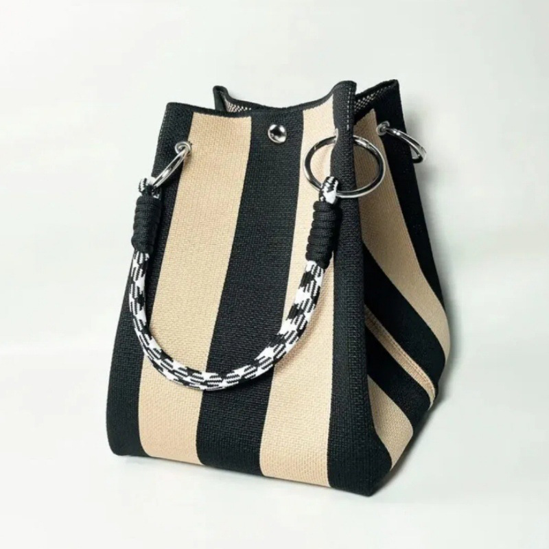Gestreifte Strick-Bucket-Tasche – leicht, flexibel & vielseitig – ideal für den Alltag, Strand & Shopping