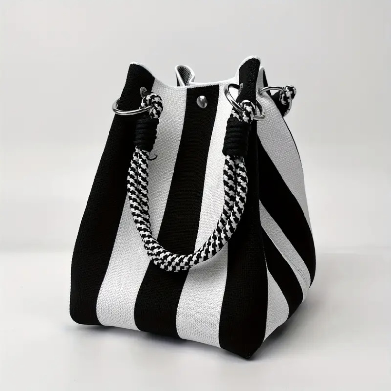 Gestreifte Strick-Bucket-Tasche – leicht, flexibel & vielseitig – ideal für den Alltag, Strand & Shopping