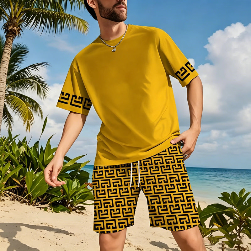 👕 50% RABATT! 💛 Herren Gelbes Grafik-Print Kurzarm Trainingsanzug-Set – Bequem & stylisch – perfekt für Sport und Freizeit 🔥