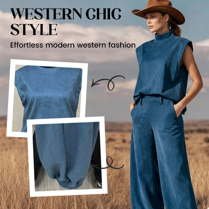 ☀️ Sommerneuheiten – Limited Time Discount 🎁 Wildwest-Set – ärmelloses Oberteil & weite Hose mit engen Knöcheln – aus weichem Wildlederimitat – stylisch, bequem & vielseitig