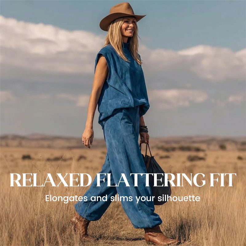 ☀️ Sommerneuheiten – Limited Time Discount 🎁 Wildwest-Set – ärmelloses Oberteil & weite Hose mit engen Knöcheln – aus weichem Wildlederimitat – stylisch, bequem & vielseitig