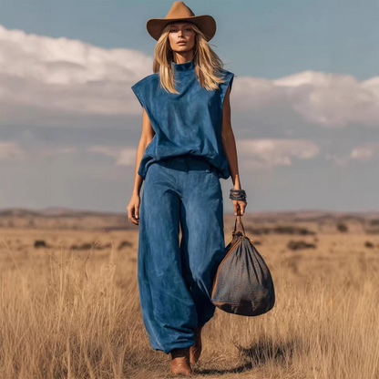 ☀️ Sommerneuheiten – Limited Time Discount 🎁 Wildwest-Set – ärmelloses Oberteil & weite Hose mit engen Knöcheln – aus weichem Wildlederimitat – stylisch, bequem & vielseitig