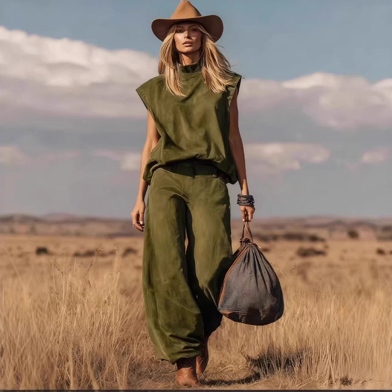 ☀️ Sommerneuheiten – Limited Time Discount 🎁 Wildwest-Set – ärmelloses Oberteil & weite Hose mit engen Knöcheln – aus weichem Wildlederimitat – stylisch, bequem & vielseitig