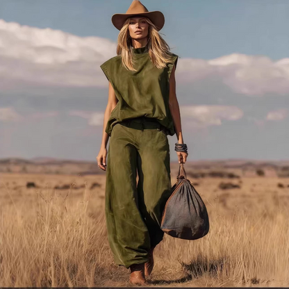 ☀️ Sommerneuheiten – Limited Time Discount 🎁 Wildwest-Set – ärmelloses Oberteil & weite Hose mit engen Knöcheln – aus weichem Wildlederimitat – stylisch, bequem & vielseitig