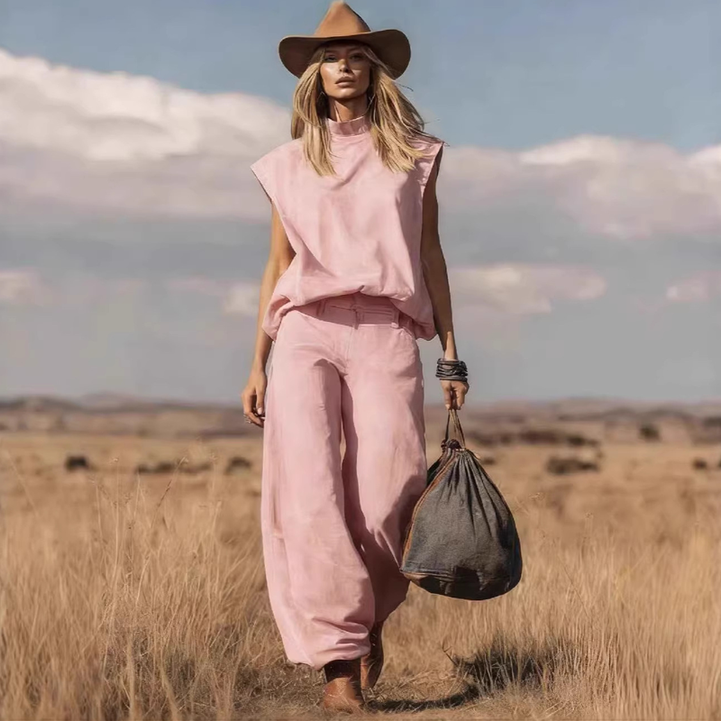 ☀️ Sommerneuheiten – Limited Time Discount 🎁 Wildwest-Set – ärmelloses Oberteil & weite Hose mit engen Knöcheln – aus weichem Wildlederimitat – stylisch, bequem & vielseitig